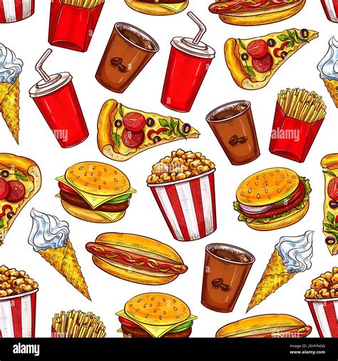 Fast Food Burgers Drinks And Desserts Vector Seamless Pattern