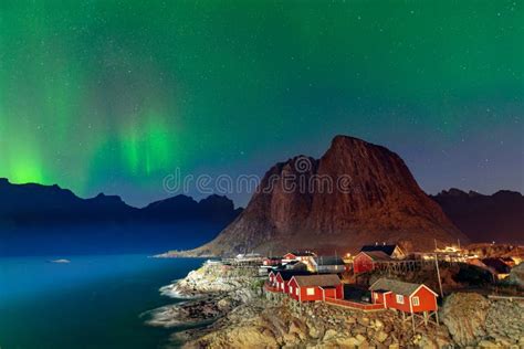 Northern Lights Over Hamnoy Village Lofoten Islands Norway Stock