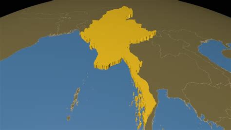 Myanmar Extruded On The World Map With Administrative Borders Solid