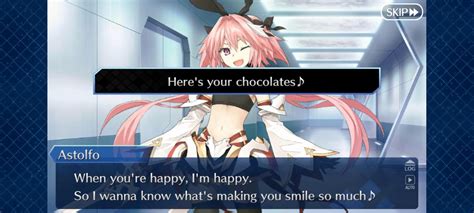 it s fgo valentine s event so here is what happens when you give astolfo chocolate and also the