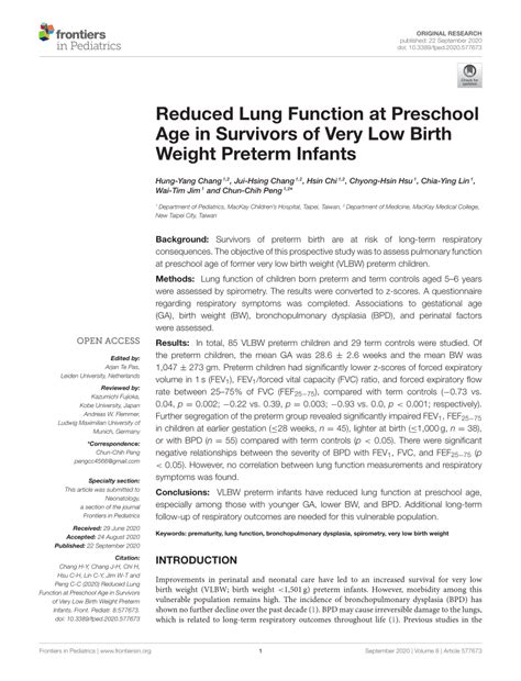 Pdf Reduced Lung Function At Preschool Age In Survivors Of Very Low