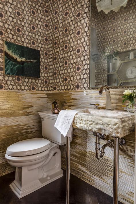 Powder Room Features Silk Fabric Wallcovering And Gold And Onyx Mosaic