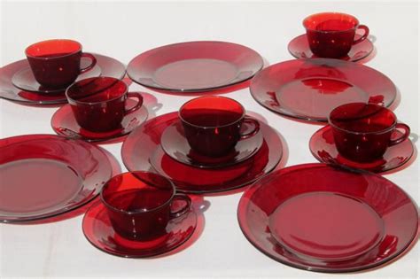 Vintage Ruby Red Glass Dishes Dinnerware Set For 6 Dinner Plates Cups And Saucers Red