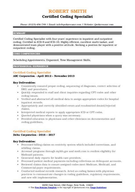 Certified Coding Specialist Resume Samples Qwikresume