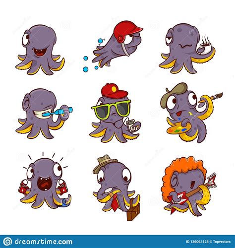 Vector Set Of Purple Octopuses In Different Actions Marine Creatures