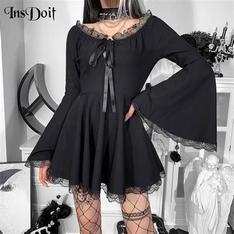 Insdoit Gothic Lolita Lace Black Autumn Dresses Women Lace Up Punk Grunge Vintage A Line Dress