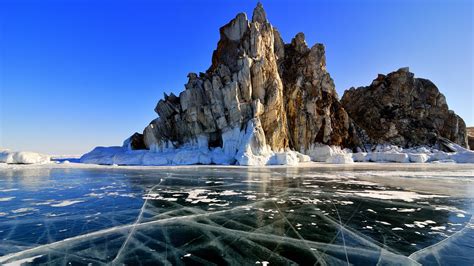 Rocks Russia Baikal Ice Cliff Frozen Lake Winter