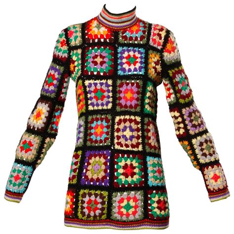 1970s Vintage Adolfo Hand Crochet Wool Granny Squares Tunic Sweater Top