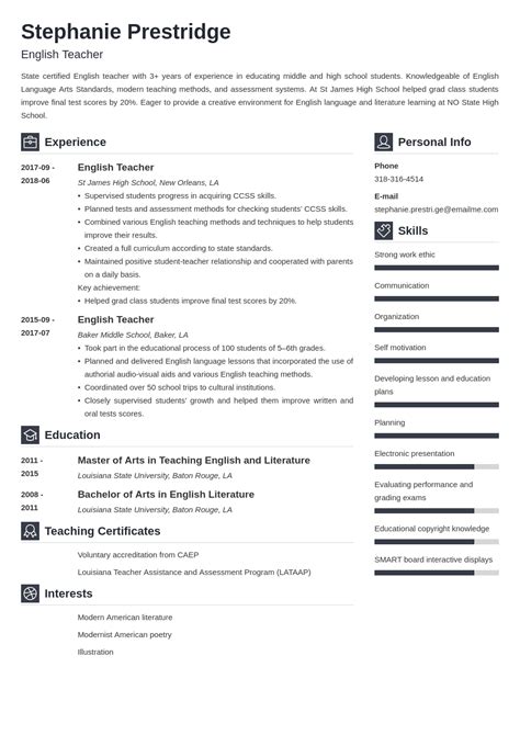 Take a look at our cv examples in professional templates. English Teacher Resume Sample with Job Description & Skills