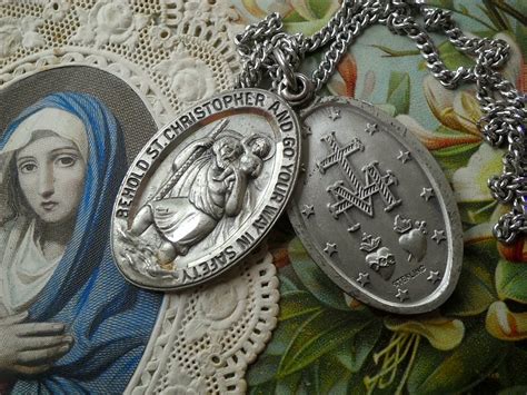 Vintage Religious Medals Large Vintage Sterling Virgin Mary Miraculous St Christopher Slide Medal
