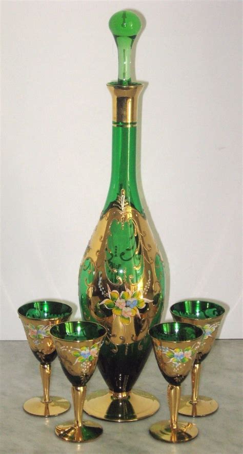 Bohemian Czech Glass Wine Set Green Decanter Five Glasses Gilt Enamel Flowers Antique Wine