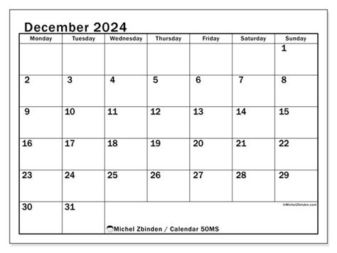 December 2024 Printable Calendar “50ms” Michel Zbinden Bz