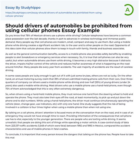 Should Drivers Of Automobiles Be Prohibited From Using Cellular Phones Essay Example