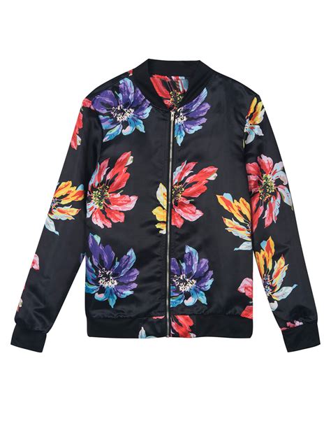 Shop Black Floral Rib Detail Bomber Jacket From Free