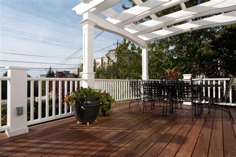 Traditional Deck With White Railing And Pergola Deck With Pergola