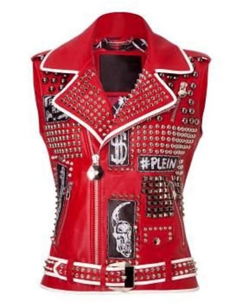 New Women Red Full Heavy Metal Black Spiked Tonal Studded Punk Leather