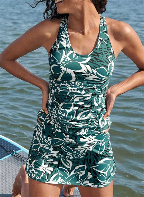 Women Floral Tankini Top With Swim Skirt U Neck Racerback Two Piece Swimsuit Spaghetti Strap