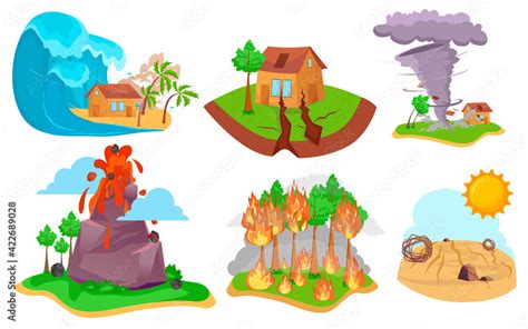Set Of Natural Disasters Colored Cartoon Flat Vector Illustration