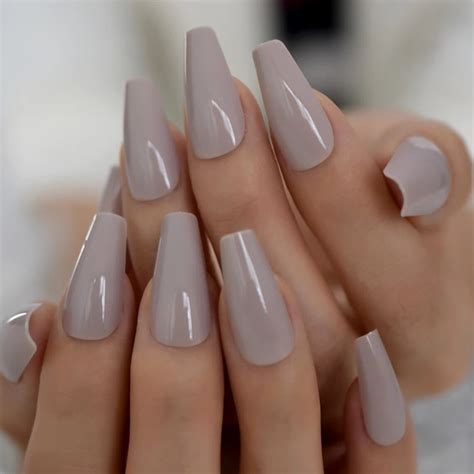 Glossy Greige Long Coffin Press On Nails Glue On Beige Gray Etsy