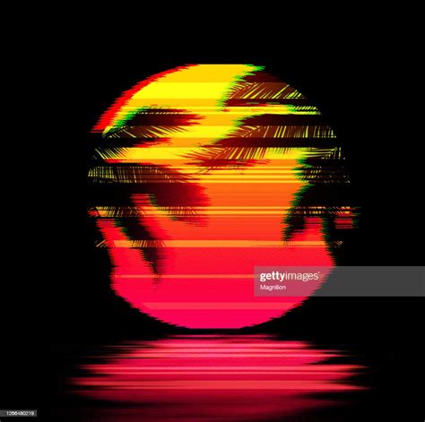 Glitch Art Sunset With Palm Trees Yellow Pink Sun Over The Water