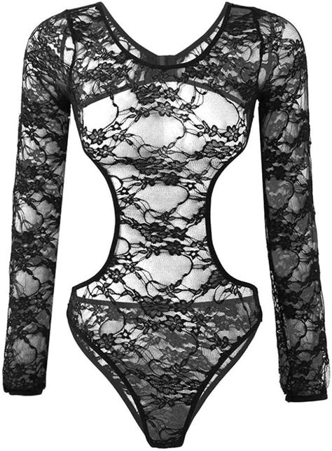 Sexy Lingerie Women Sheer Sex Bodysuit Lace Lingerie Scoop Neck Long Sleeve Backless