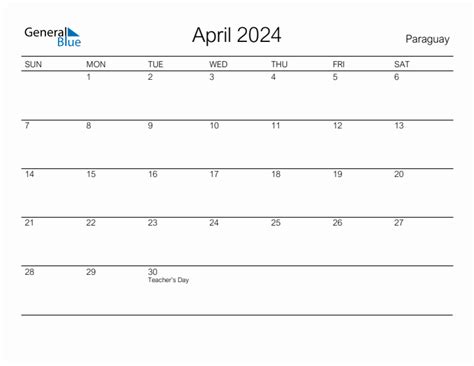 Printable April 2024 Monthly Calendar With Holidays For Paraguay