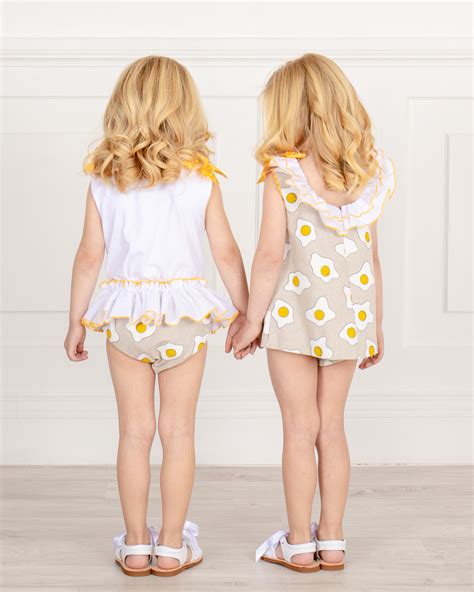 Baby Girls Yellow And Beige Fried Egg Print 2 Piece Dress Set And White