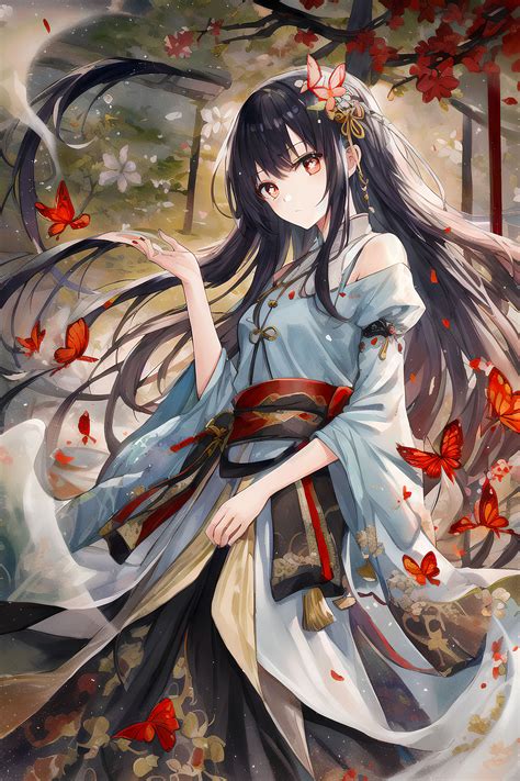 Anime Anime Girls Ai Art Butterfly Black Hair Red Eyes Vertical Dress