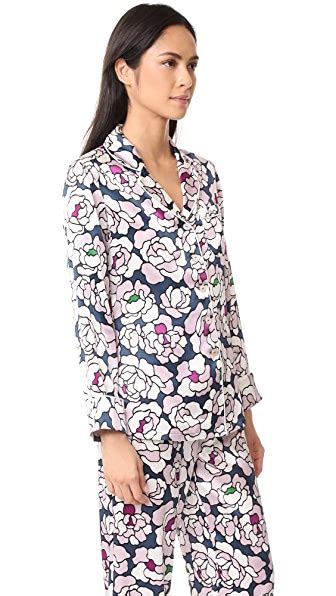 Olivia Von Halle Lila Floral Print Silk Satin Pajama Set In Teal Print