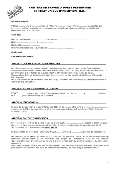 Modelé De Contrat De Travail A Duree Determinee Doc Pdf Page 1 Sur 3