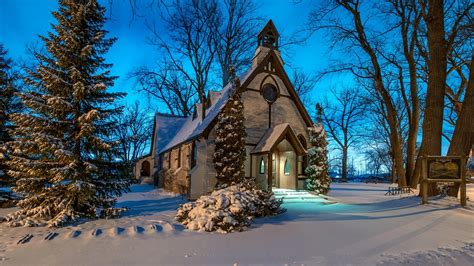 배경 화면 교회 겨울 눈 나무 밤 1920x1200 Hd 그림 이미지