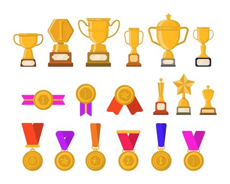 Conjunto De Troféus Medalhas ícones E Fitas Para Vencedores Em