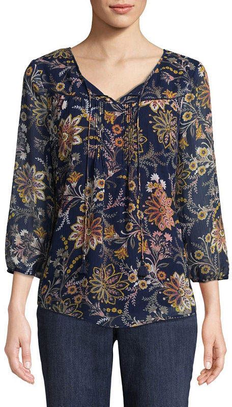 St Johns Bay 34 Sleeve Split Crew Neck Woven Lined Floral Blouse