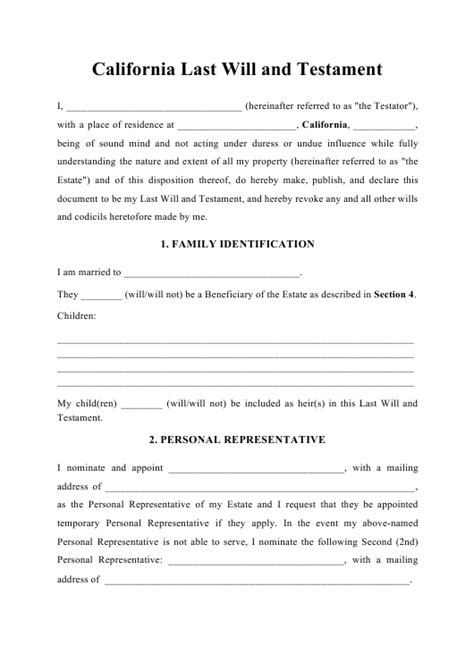 Thereby revoking and making null and void any and all other last will and testaments and/or codicils to last. California Last Will and Testament Download Printable PDF ...