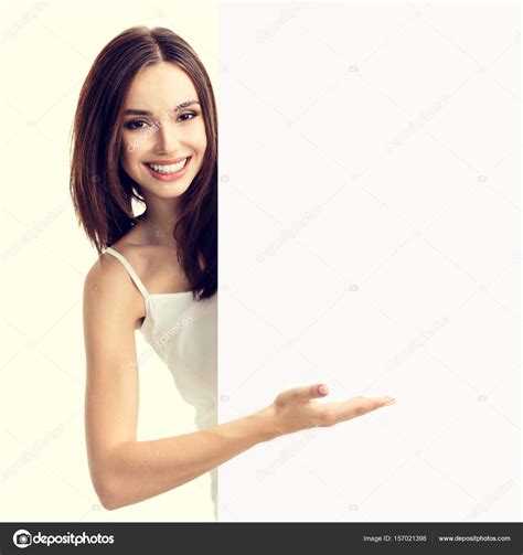 Young Woman Showing Blank Signboard — Stock Photo © Gstudio 157021398