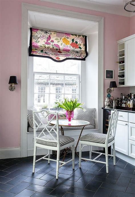 pink kitchen  black slate herringbone floor tiles