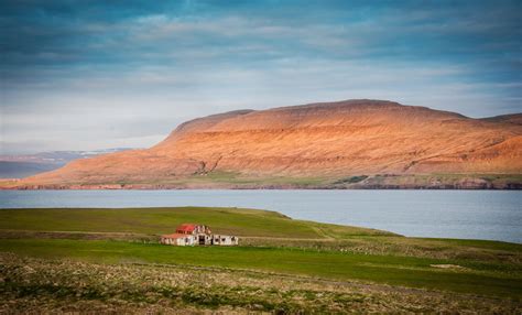 Iceland Mountains Bay Sea Water House Lawn Grass Sky Clouds