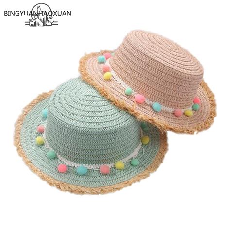 Child Summer Panama Sun Hats Colorful Tassel Balls Straw Hat Girl