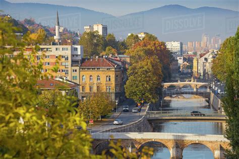 View of city and Miljacka River, Sarajevo, Bosnia and ...