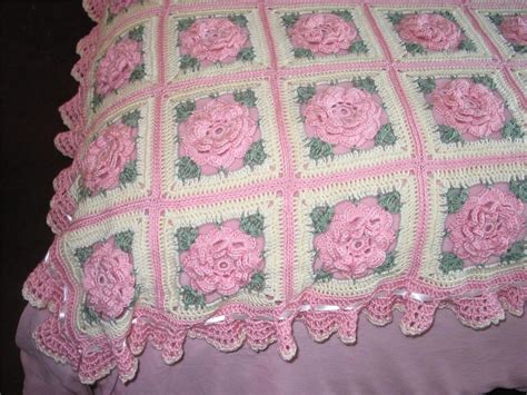 Pink Crocheted Floral Afghan With Ruffles Roses N Ribbons 35 Squares