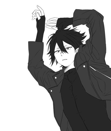 an anime character with black hair is holding his hands in the air and looking at something