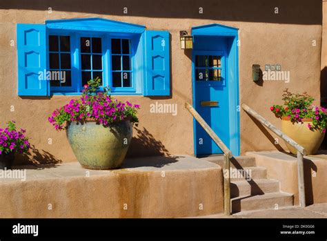 Colorful Adobe House With Flowers On Canyon Road Santa Fe New Stock