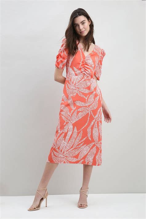 Leaf Print Gathered Detail Midi Dress Wallis Uk