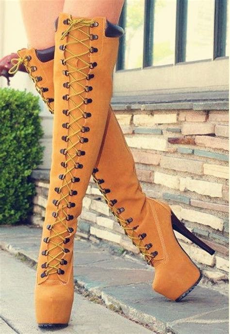 breathtaking coppy leather lace up knee high boots timberland heels boots high heel boots