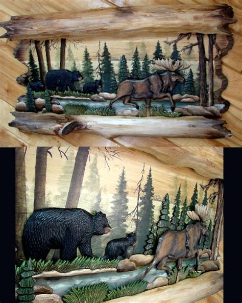 Log Framed Moose And Bear Intarsia Natural Wood Wall Art Picture