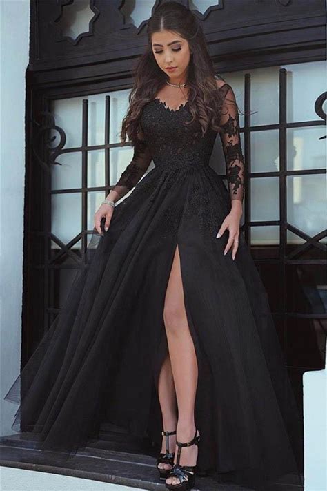Buy A Line Long Sleeve Slit Black Tulle Lace Appliques Backless