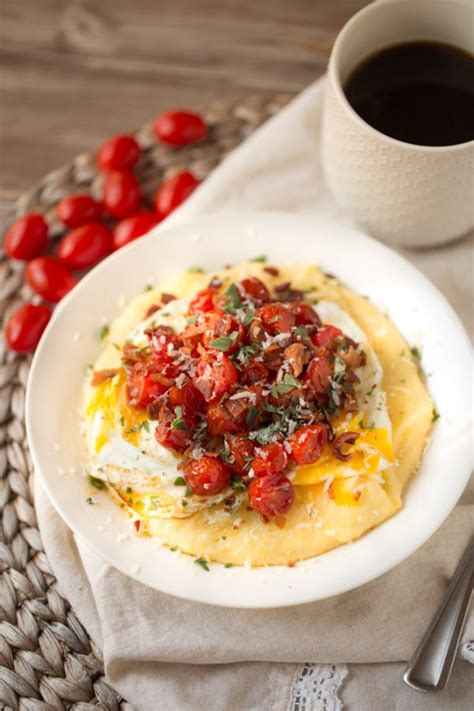 breakfast polenta with roasted tomatoes eggs and bacon this gal cooks