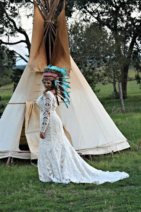 Boho Bridal Photoshoot With Native American Teepee And Headdress Native American Wedding Dress