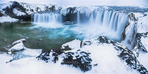 Waterfalls During Winter Godafoss Winter Iceland Landscape