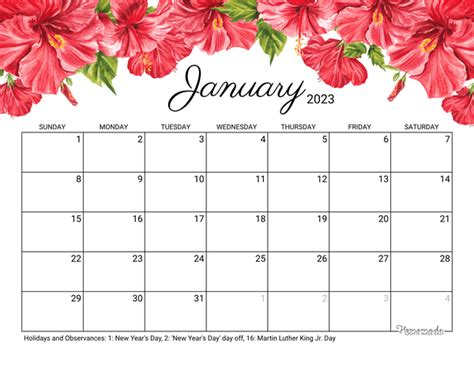January 2023 Calendar Free Printable With Holidays